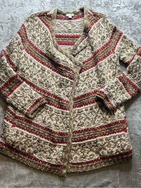 J Jill Chunky Shawl Collar Women’s Sweater Cardigan in Cream and Red